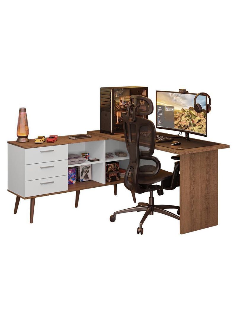 Escrivaninha Em L Mesa Para Computador Gamer 3 Gavetas Branco/rustic Lisboa Madesa