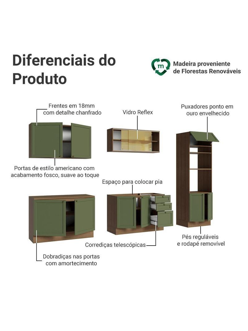 Armário de Cozinha Completa 310cm Vik Madesa 01 Rustic/Verde