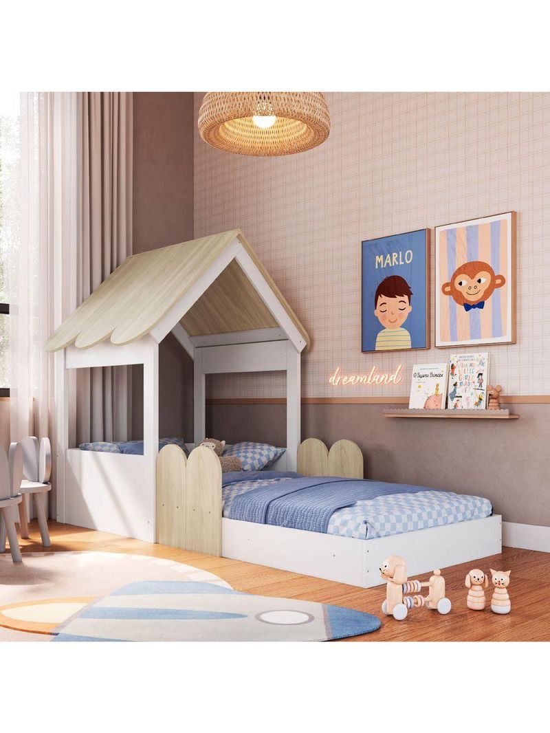 Cama Infantil Montessoriana Casinha Branca e Carvalho - Completa Móveis