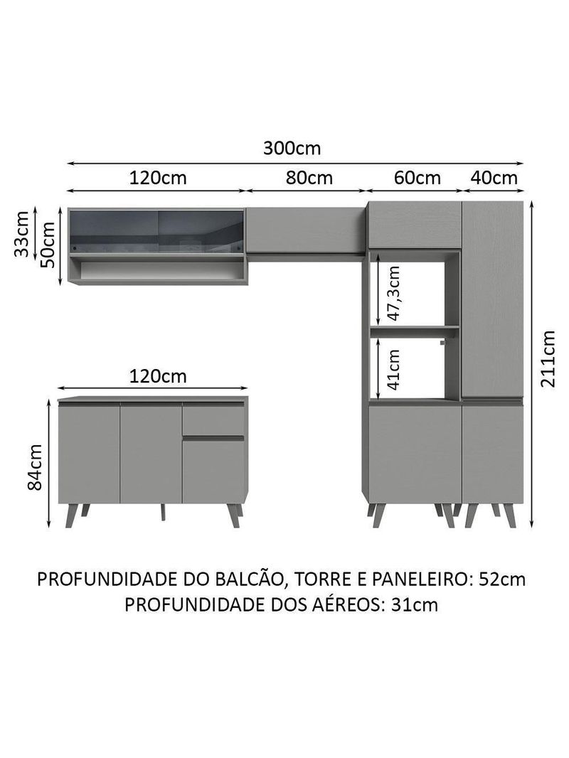 Armário De Cozinha Completa 300cm Cinza Nice Madesa 09 Cinza