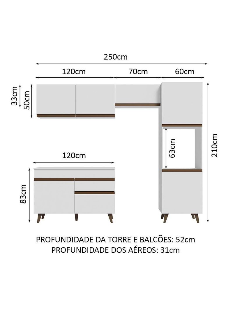 Armário de Cozinha Completa 250cm Branco Reims Madesa