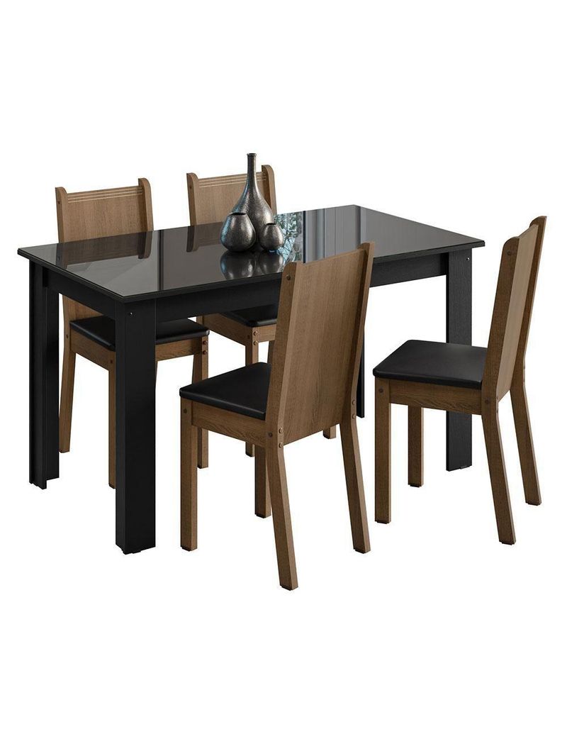 Conjunto Sala de Jantar Mesa Tampo de Vidro 4 Cadeiras – Preto/Rustic – Kiara Madesa