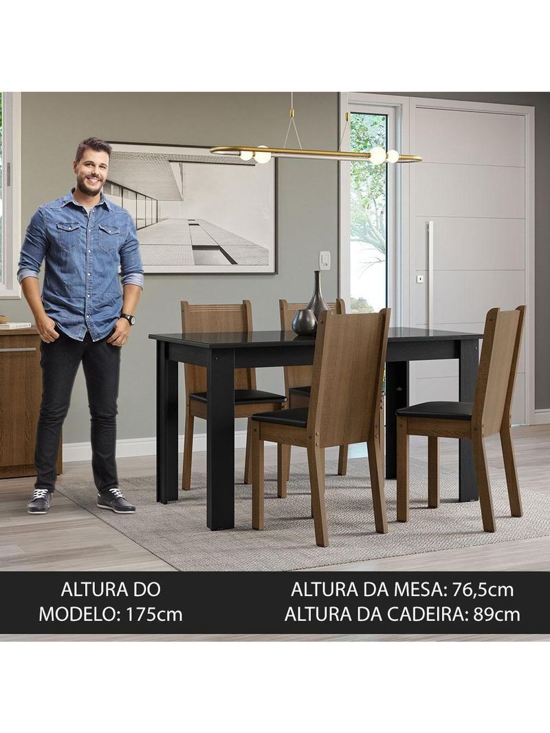 Conjunto Sala de Jantar Mesa Tampo de Vidro 4 Cadeiras – Preto/Rustic – Kiara Madesa