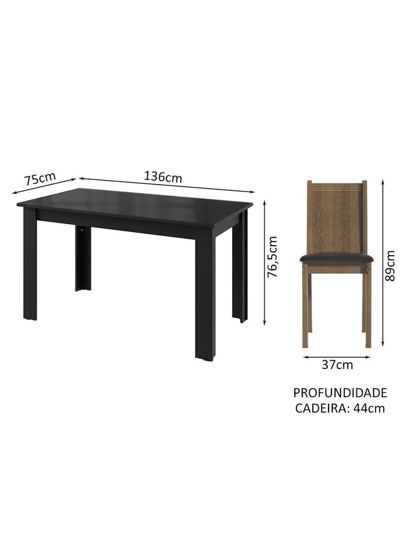 Conjunto Sala de Jantar Mesa Tampo de Vidro 4 Cadeiras – Preto/Rustic – Kiara Madesa