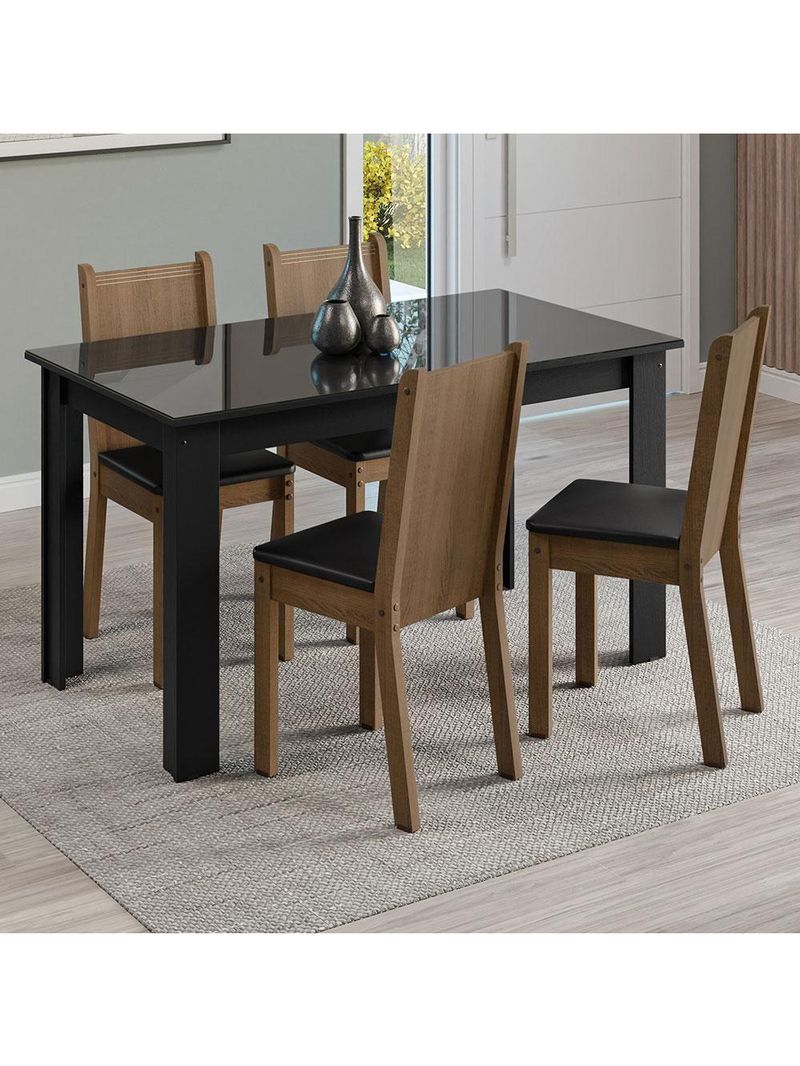 Conjunto Sala de Jantar Mesa Tampo de Vidro 4 Cadeiras – Preto/Rustic – Kiara Madesa
