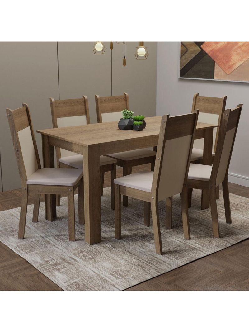 Conjunto Sala de Jantar Madesa Medelin – Mesa com Tampo de Madeira e 6 Cadeiras – Rustic/Crema/Sintético