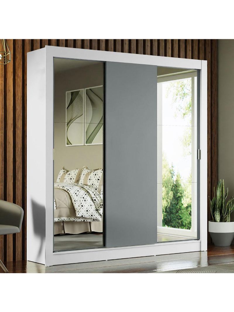 Guarda-roupa Casal 3 Portas Com Espelhos Branco/Cinza