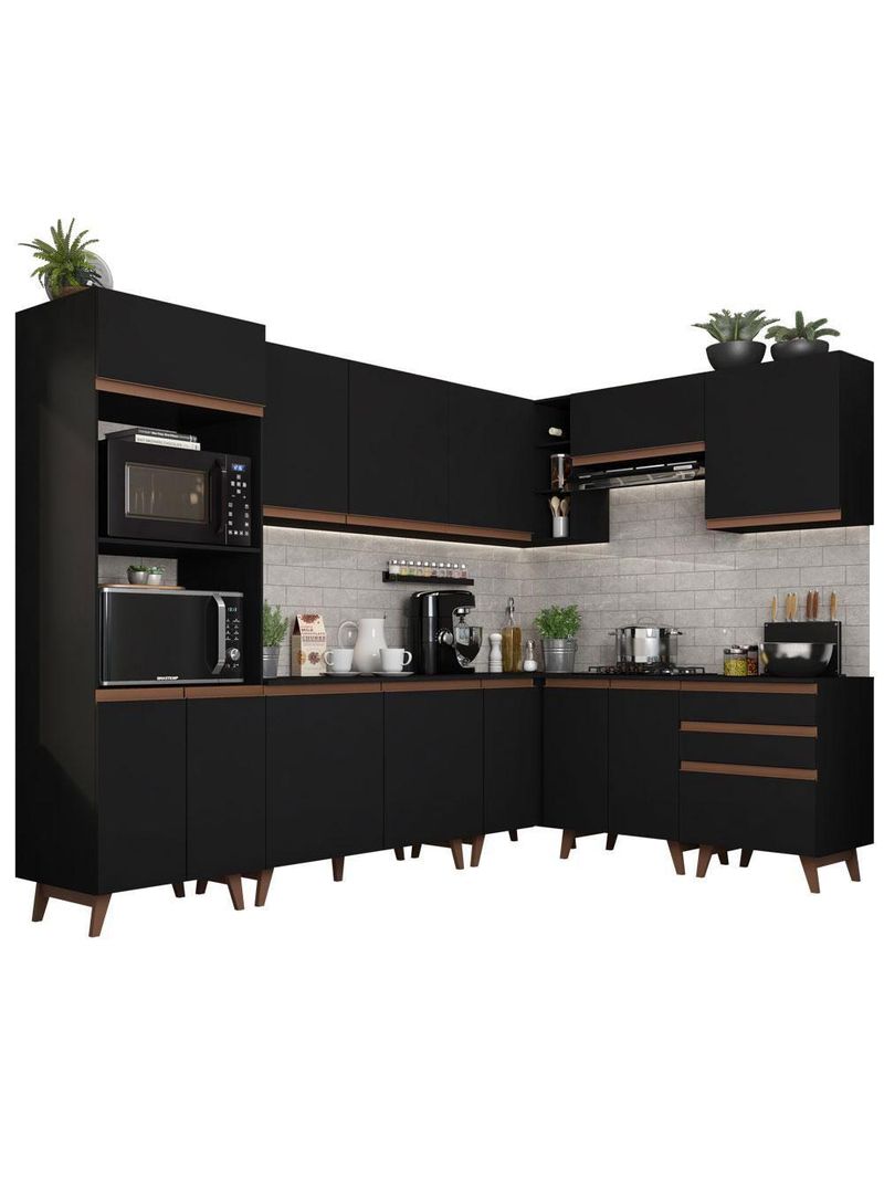 Armário de Cozinha Completa de Canto Reims com Balcão Preto