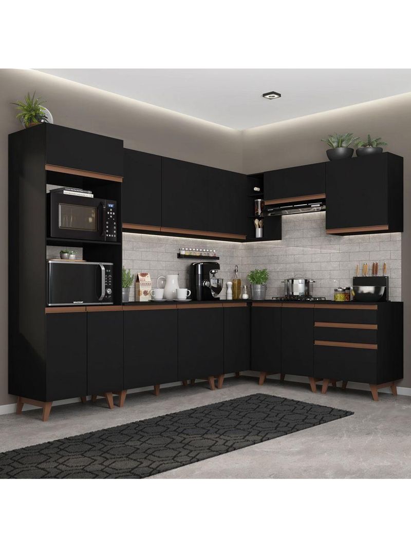 Armário de Cozinha Completa de Canto Reims com Balcão Preto