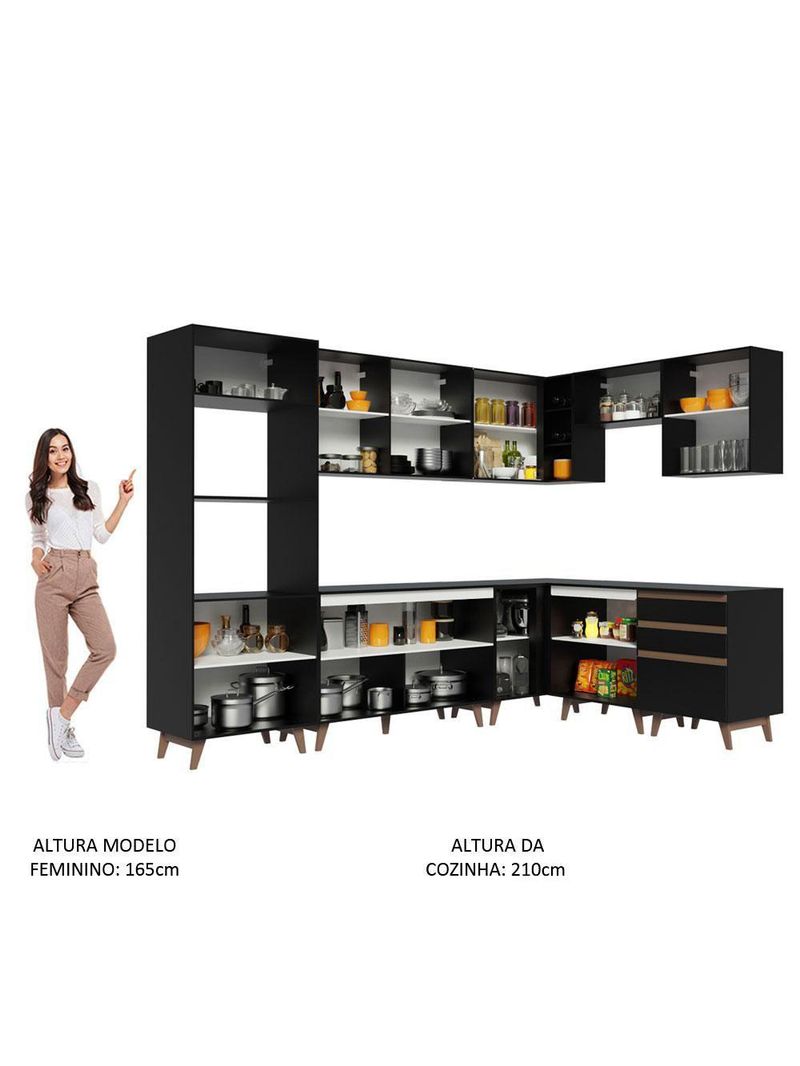 Armário de Cozinha Completa de Canto Reims com Balcão Preto