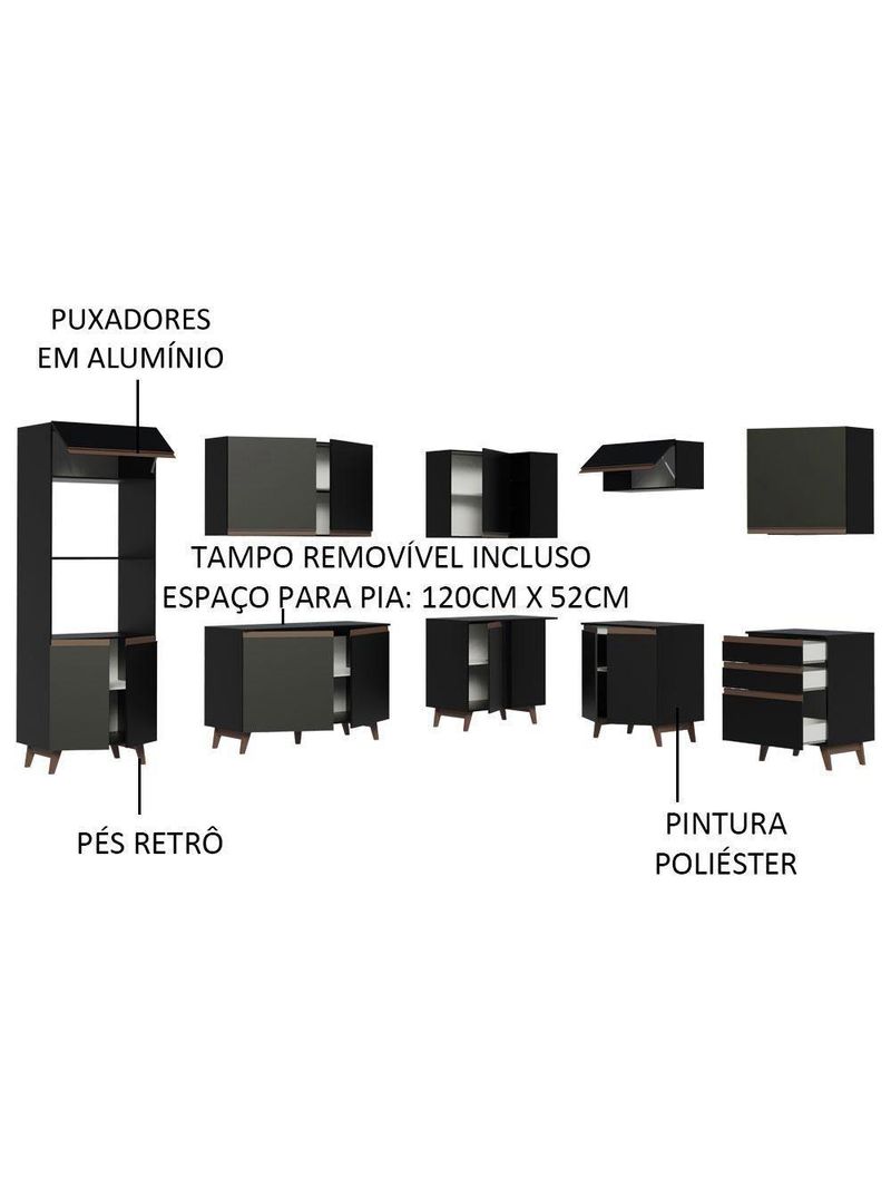 Armário de Cozinha Completa de Canto Reims com Balcão Preto