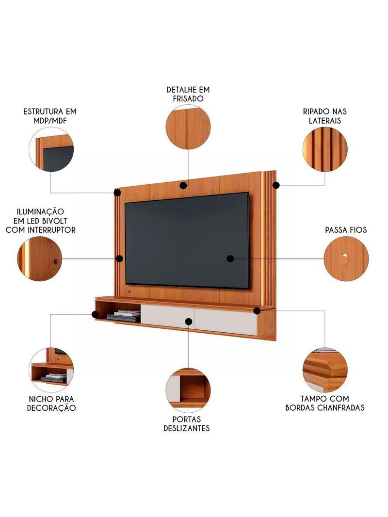 Painel TV 75 Polegadas E Bancada Suspensa Trento Freijó Off White C05 - Mpozenato