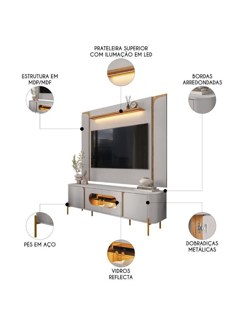 Painel TV 75 Polegadas Marina E Rack Com Led 180cm Ricky Off White Cinamomo B02 - Mpozenato
