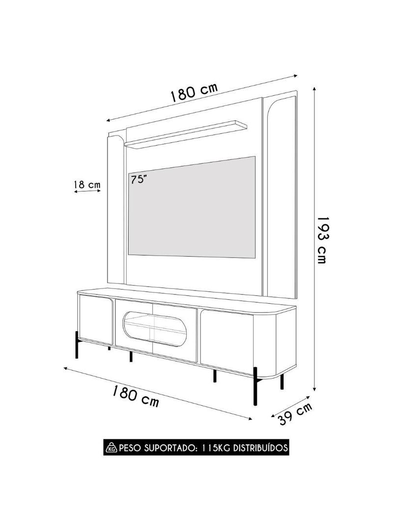 Painel TV 75 Polegadas Marina E Rack Com Led 180cm Ricky Off White Cinamomo B02 - Mpozenato