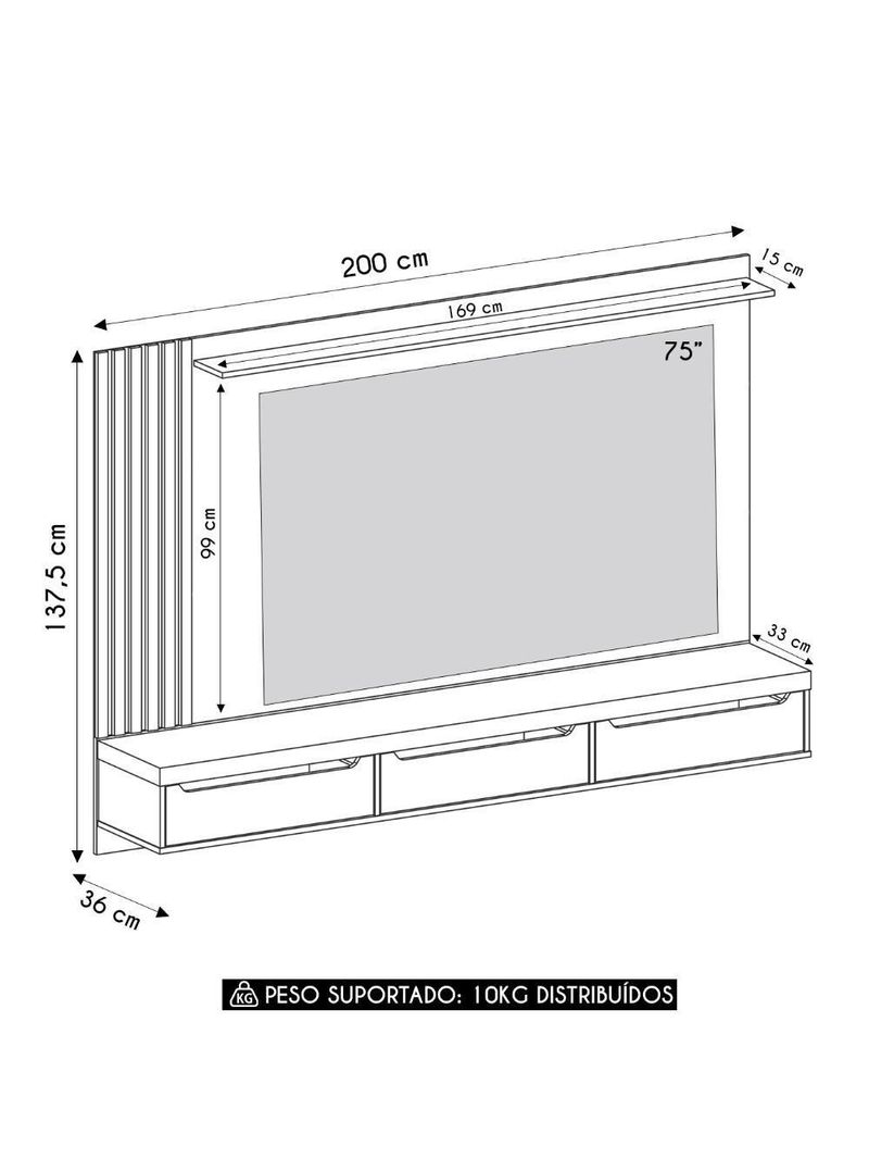 Painel TV 75 Polegadas E Bancada Suspensa Vale Cinamomo Off White A09 - Mpozenato