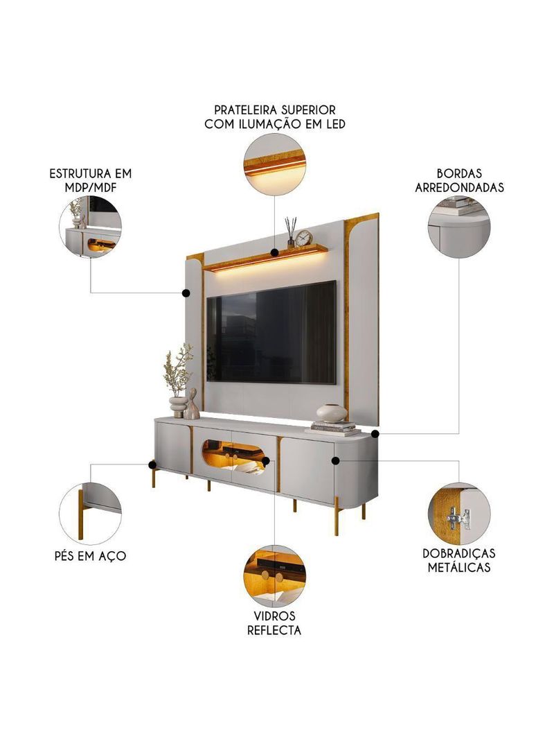 Painel TV 75 Polegadas Marina E Rack Com Led 180cm Ricky Off Naturalle B02 - Mpozenato