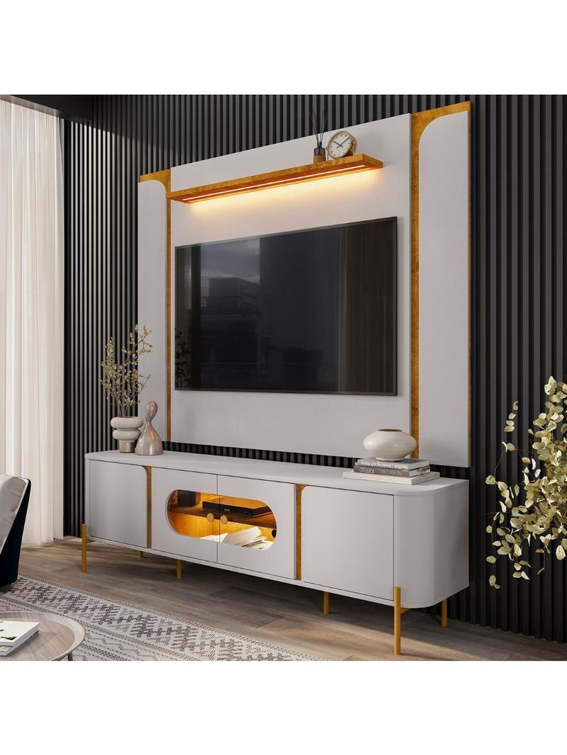 Painel TV 75 Polegadas Marina E Rack Com Led 180cm Ricky Off Naturalle B02 - Mpozenato