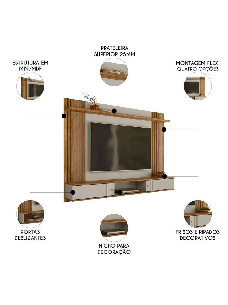 Painel TV 70 Polegadas E Bancada Suspensa 180cm Yany Off White Nature Z49 - Mpozenato