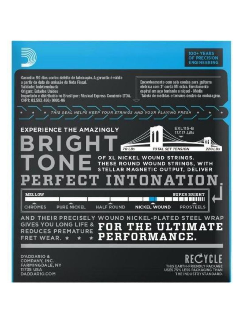 Encordoamento guitarra 011-049 xl nickel exl115-b d addario com corda extra pl011
