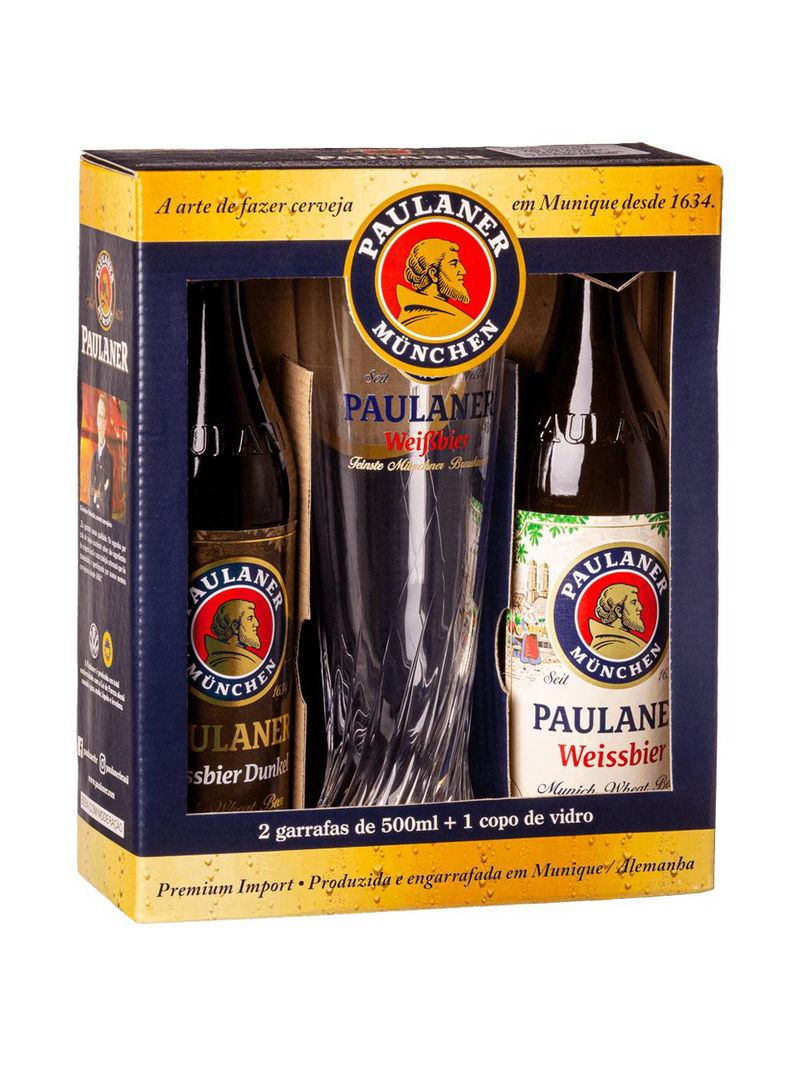 Kit cervejas paulaner dunkel e weissbier com copo