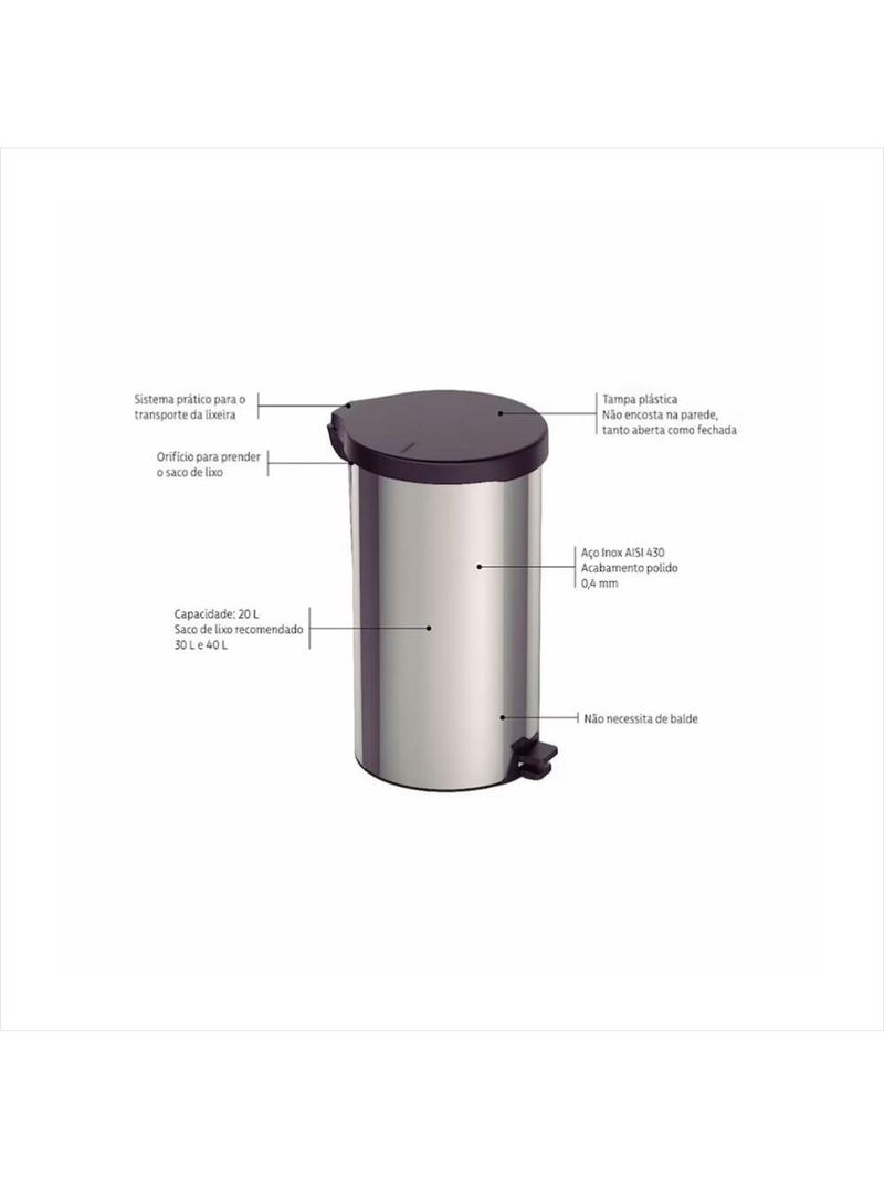 Lixeira inox com pedal new 20 l tramontina