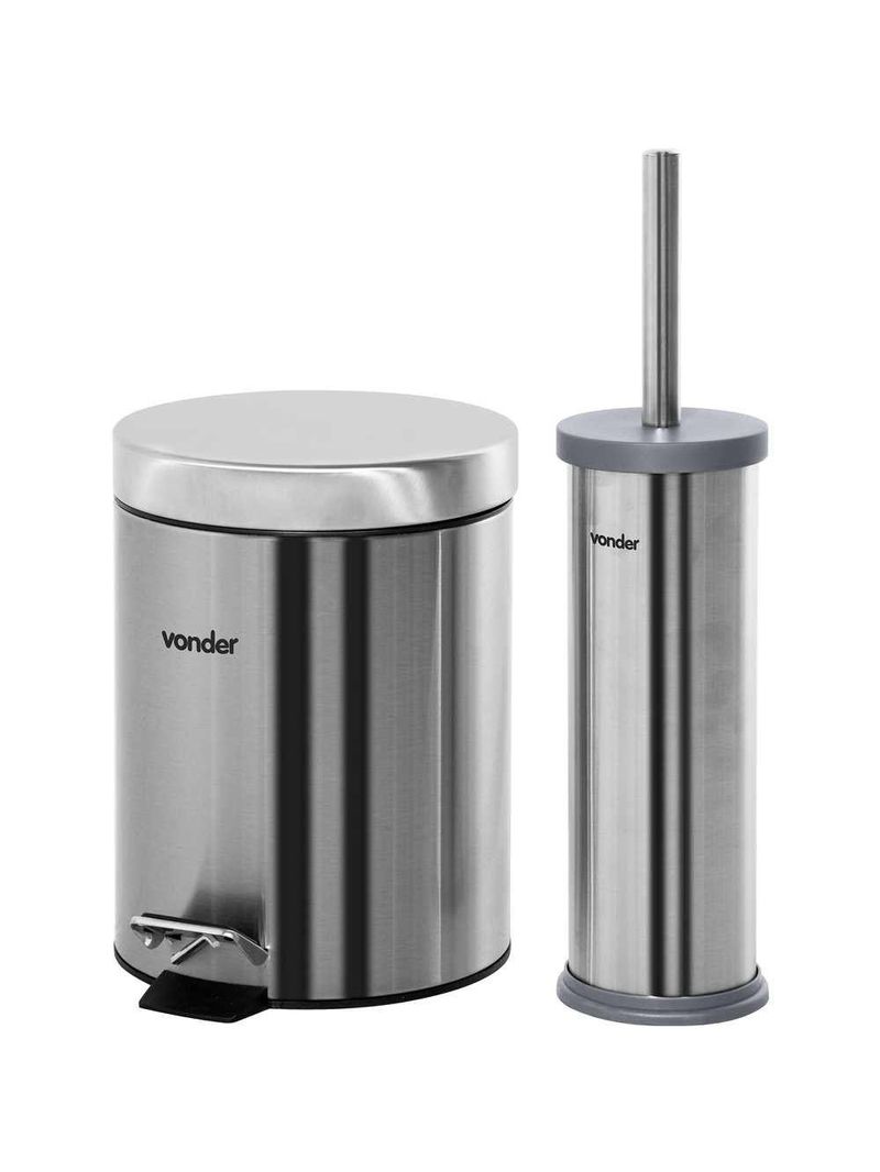 Lixeira redonda 5l inox cinza com escova sanitária vonder