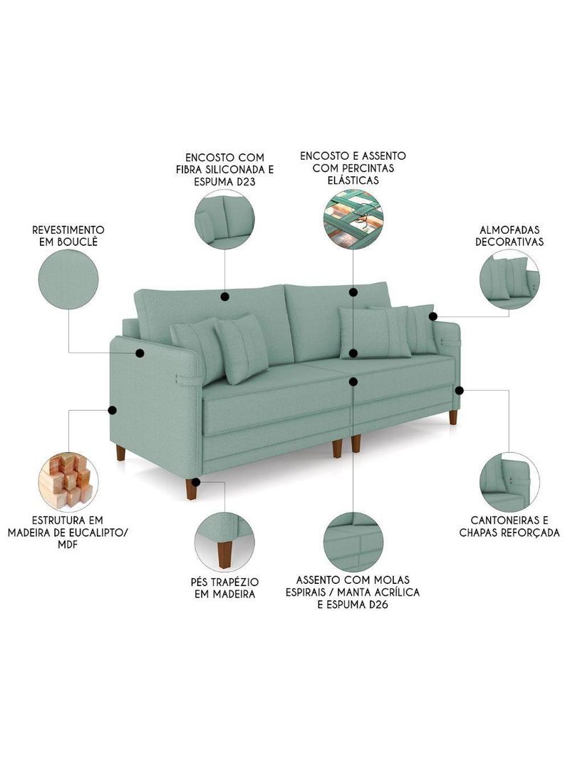 Sofá 2 Lugares Living 172cm Pé Madeira Zoe Boucle Pistache Z08 - Mpozenato