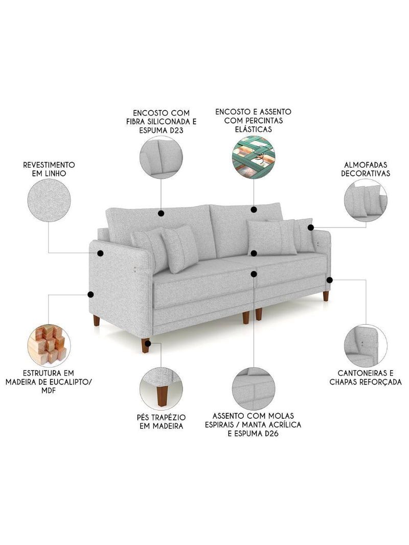 Sofá 2 Lugares Living 172cm Pé Madeira Zoe Linho Cinza Claro Z08 - Mpozenato