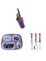 Conjunto prato com divisoria copo 3d talheres princesas - nt