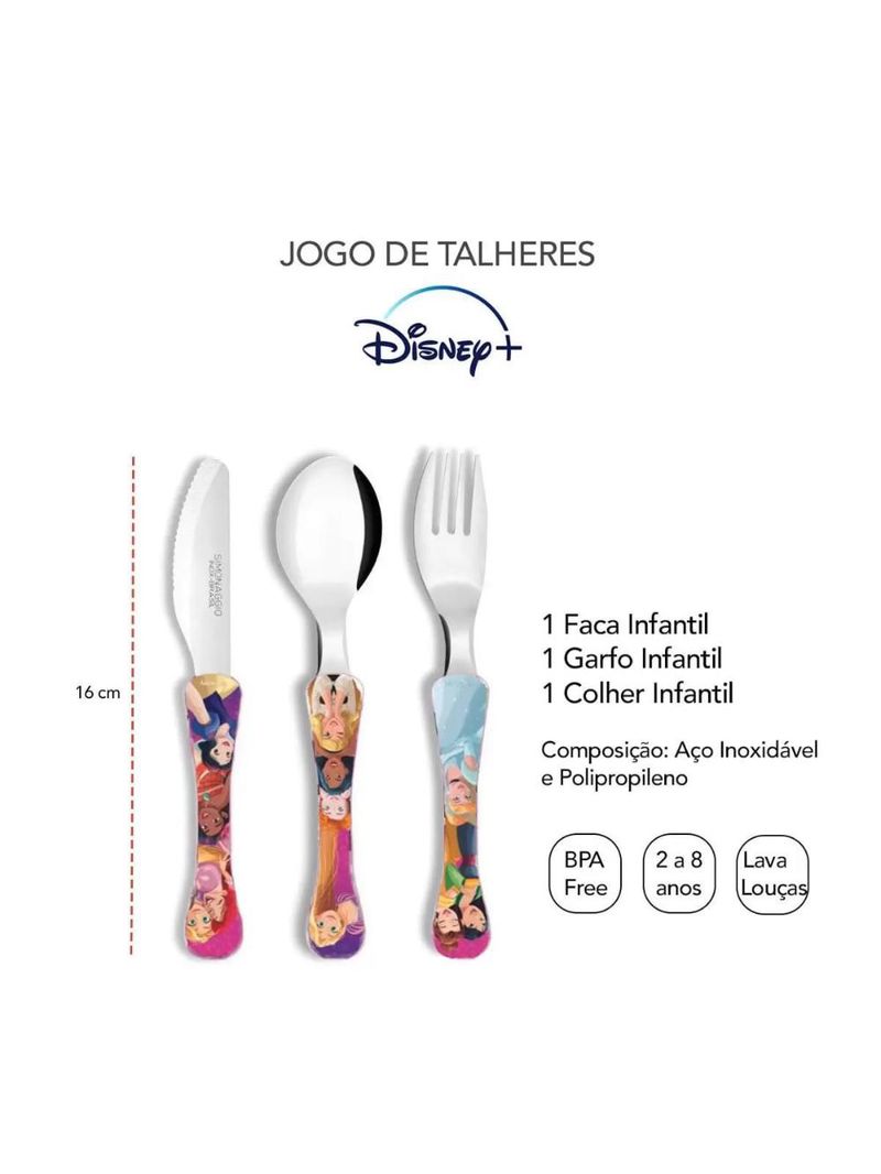 Conjunto prato com divisoria copo 3d talheres princesas - nt