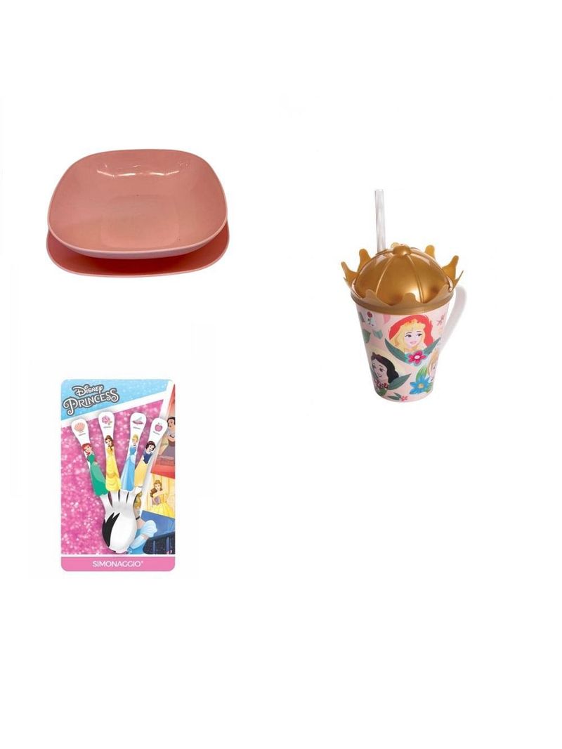 Conjunto pratos, 4 colheres, caneca com canudo princesas