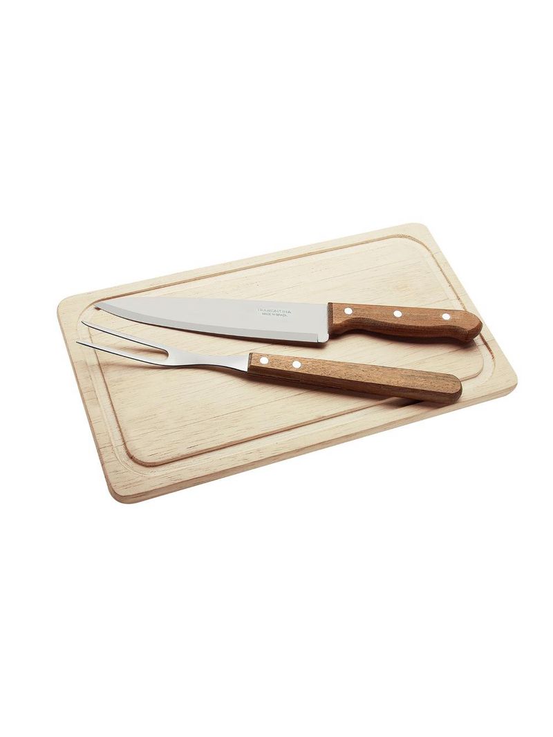 Kit para churrasco com lâminas inox e cabos em madeira natural 3pçs - tramontina