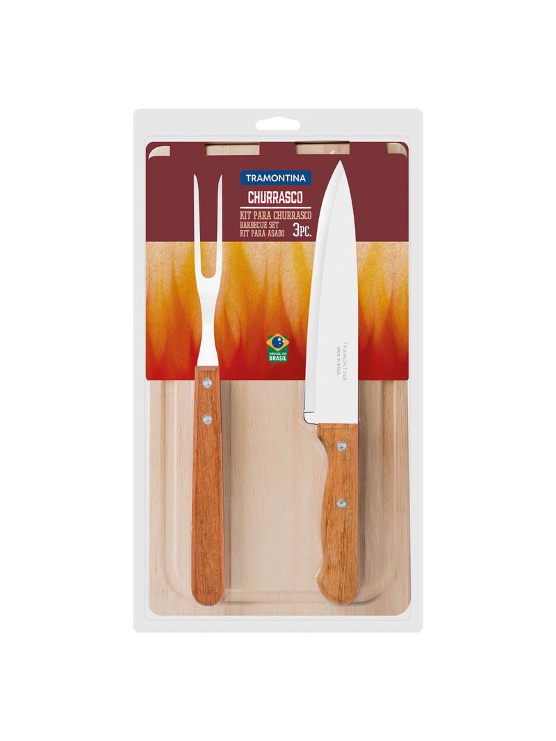 Kit para churrasco com lâminas inox e cabos em madeira natural 3pçs - tramontina