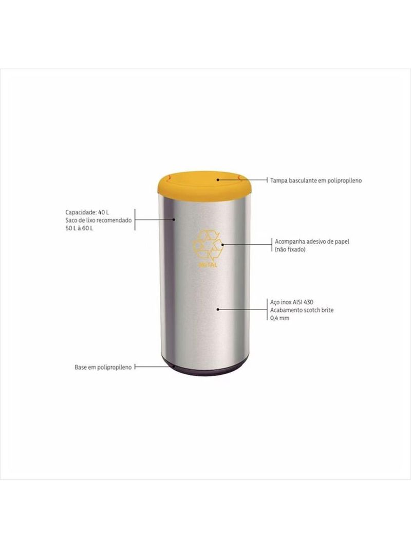 Lixeira inox com amarelo cápsula selecta plus basculante 40 l tramontina