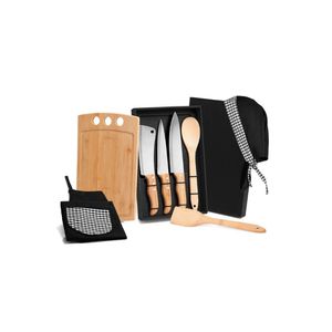 Kit para cozinha em bambu/inox com avental e touca gourmet - 8 pçs welf