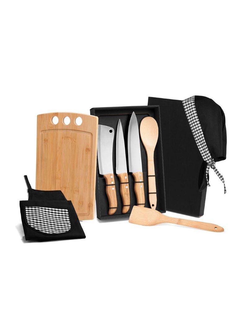 Kit para cozinha em bambu/inox com avental e touca gourmet - 8 pçs welf