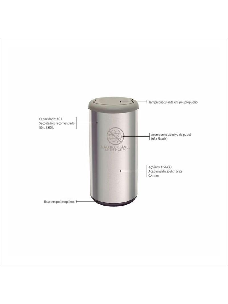 Lixeira inox com cinza cápsula selecta plus basculante 40 l tramontina