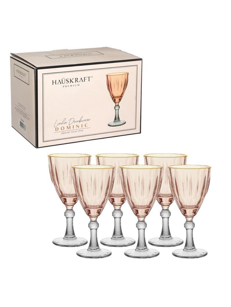 Taça Água e vinho dominic hauskraft rosa borda dourada 275 ml 6 peças