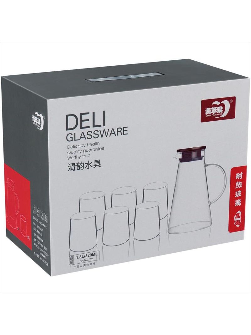 Jogo de jarra - copos 2l - 300ml borosilicato transparente 7 peças com tampa inox - gs