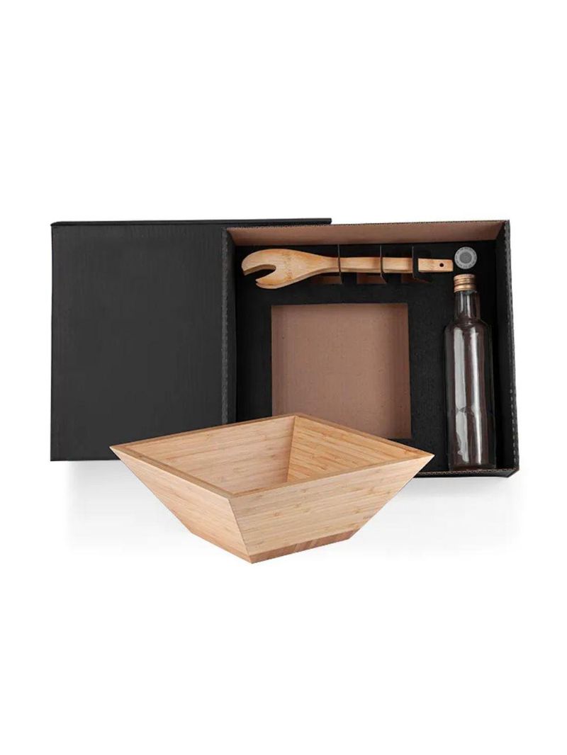 Kit para salada com garrafa - bambu - vidro - 3 peças