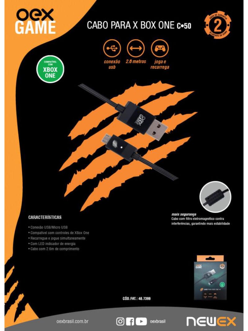 Cabo para xbox one preto 2,6m c50 oex