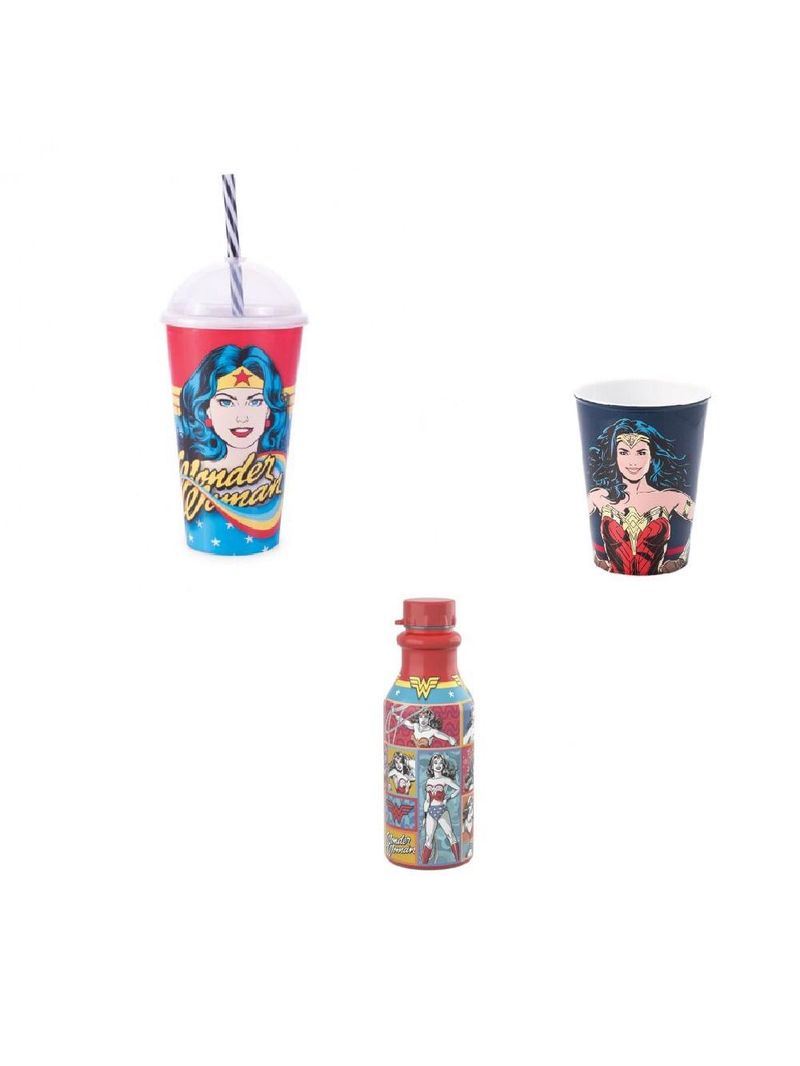 Conjunto copo shake, garrafa retro e copo - mulher maravilha