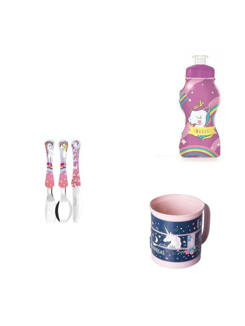Conjunto unicornio  faqueiro, garrafinha e caneca divertida