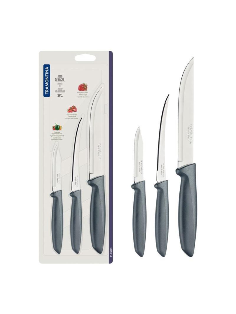 Jogo facas inox 3 peças plenus cinza tramontina