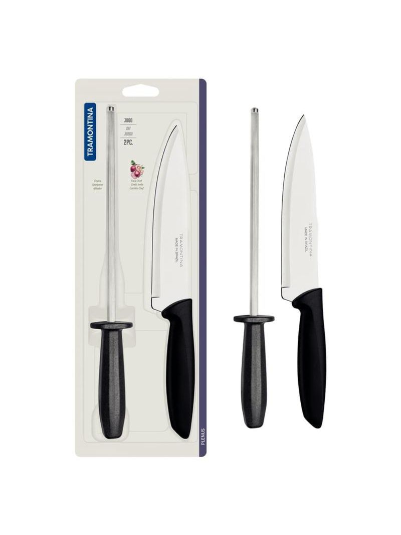 Jogo faca/chaira inox 2 peças plenus preto tramontina