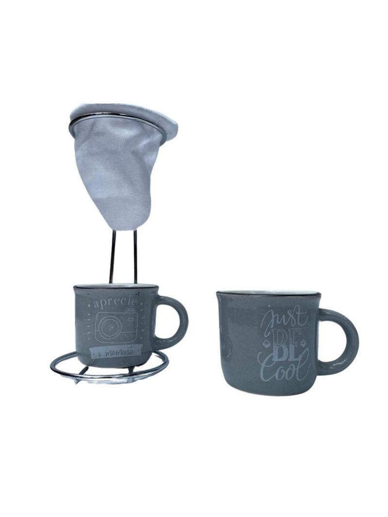 Café individual 2 canecas ceramica e coador - cinza