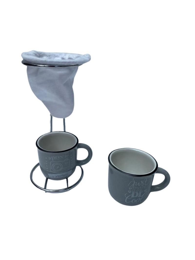 Café individual 2 canecas ceramica e coador - cinza
