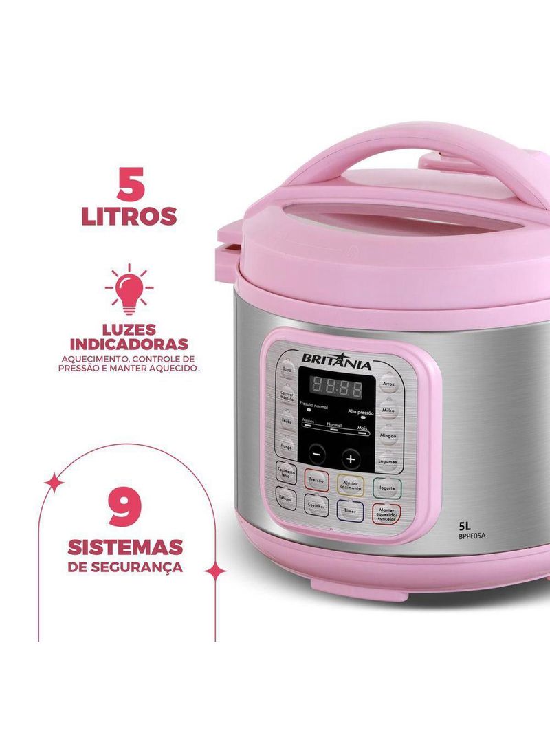 Panela de Pressão Rosa Britânia 5L Digital 11 Funções BPPE05 110V