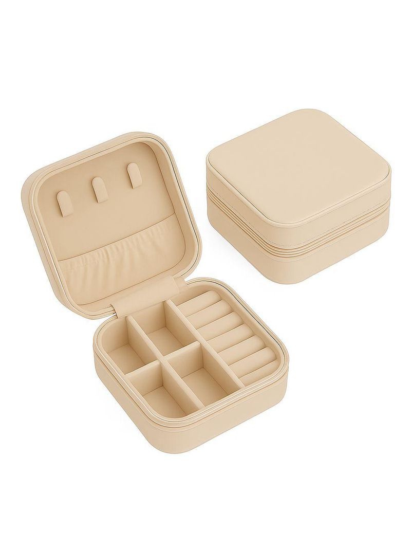 Mini Porta-jóias Em Couro Sintético Bege – Compacto, Elegante E Ideal Para Viagens