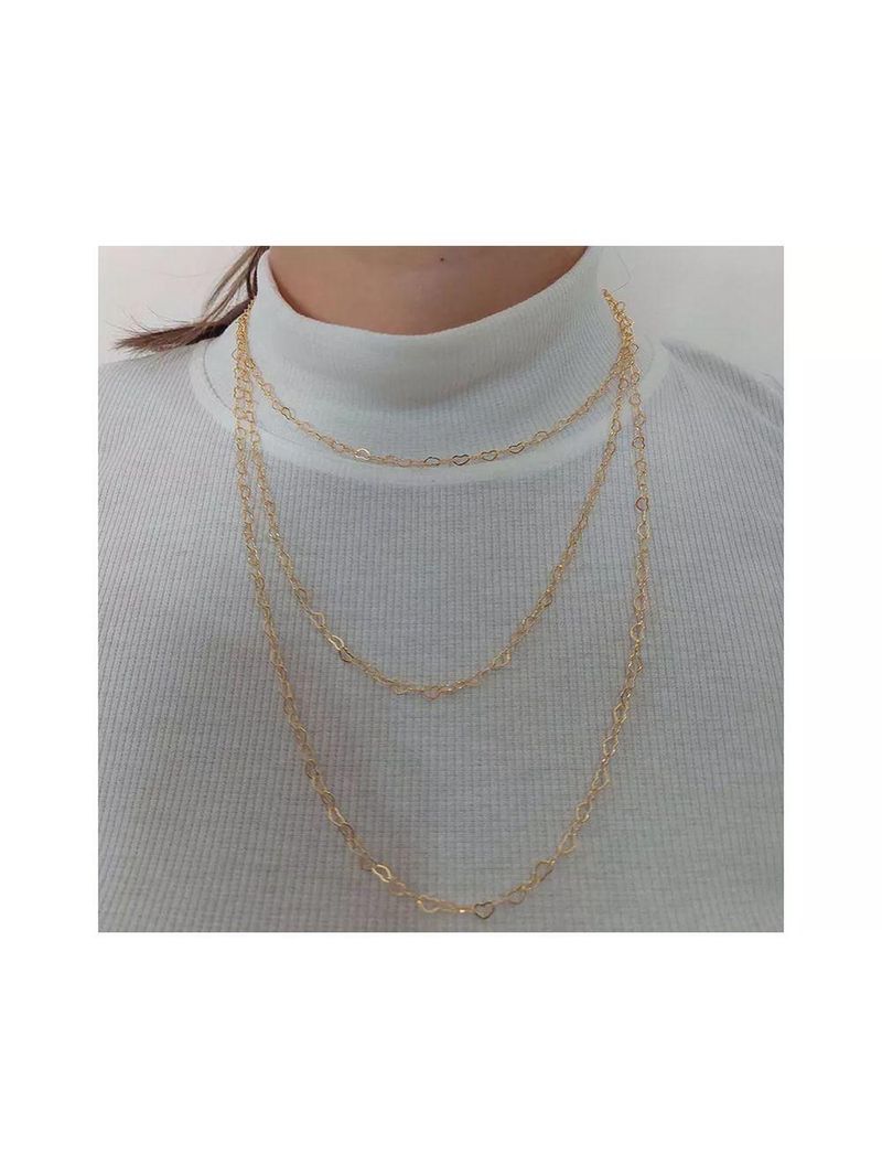 Colar Triplo De Coraçao Folheado Em Ouro 18k